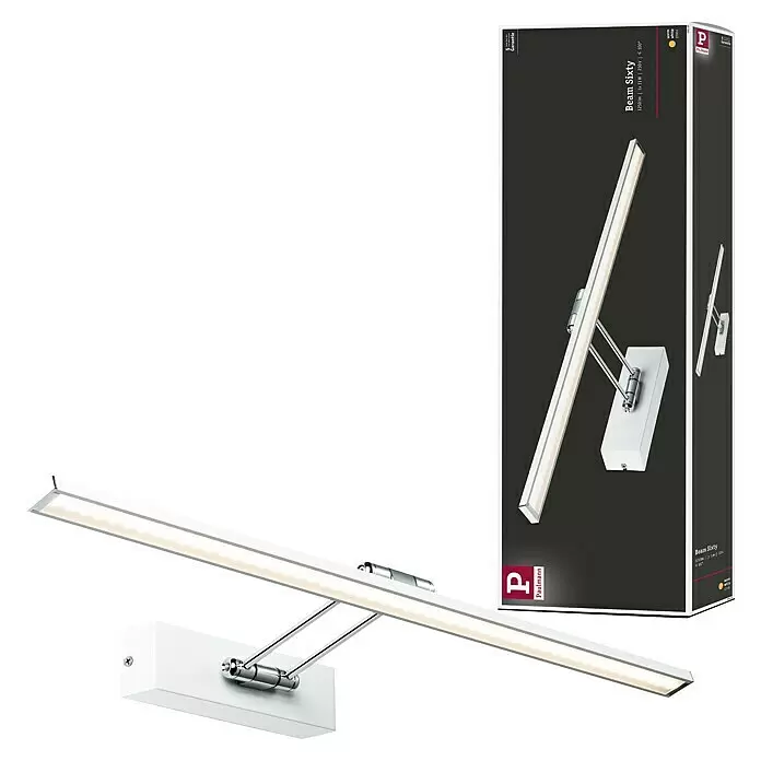 Paulmann Galeria LED-Bilderleuchte Beam Sixty - 11 W, L x B x H: 58,5 x 19 x 4,6 cm, Weiß, Warmweiß - Weiße Wandlampe mit verstellbaren Chromarmen und einer langen, rechteckigen LED-Lichtleiste.