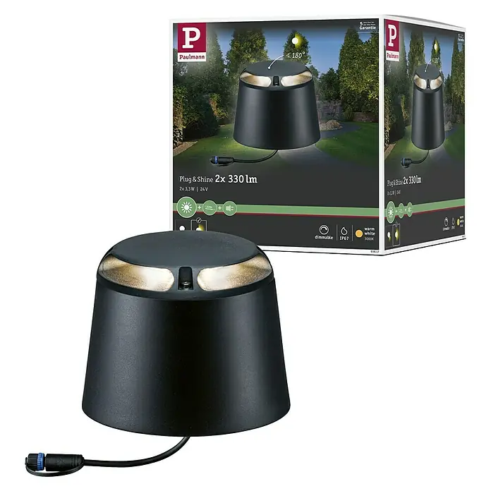 Paulmann Plug & Shine LED-Außenleuchte - 6 W, Warmweiß, IP67, Ø x H: 19,3 x 15,5 cm - Abgebildet ist eine Paulmann Plug & Shine 2x 330lm Gartenleuchte, ideal für stimmungsvolle Außenbeleuchtung und einfache Installation im Garten.