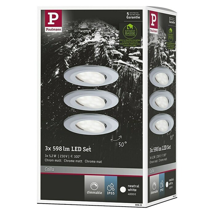 Paulmann LED-Einbauleuchte Calla (Neutralweiß, 3 Stk., IP65, Durchmesser: 90 mm, Chrom) | BAUHAUS