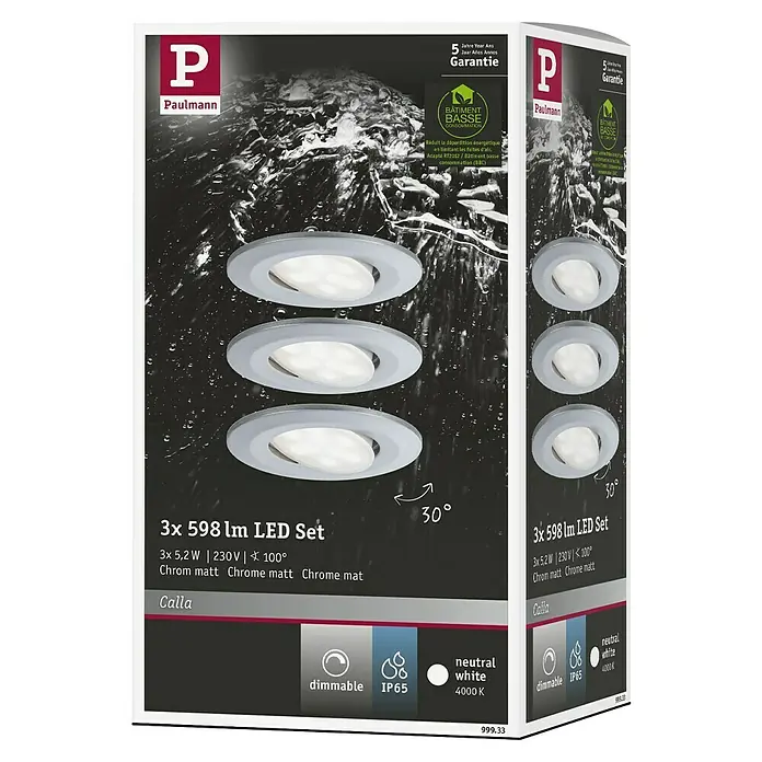Paulmann Downlight LED empotrable Calla - Blanco neutro, 3 ud., IP65, Diámetro: 90 mm, Cromo - Embalaje del producto para un conjunto de 3 focos empotrables Paulmann con 598 lúmenes cada uno, cromo mate y regulable.