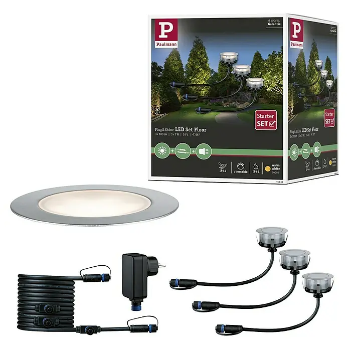 Paulmann Plug & Shine Bodeneinbauleuchten-Basis-Set LED-Bodeneinbauleuchte Floor Eco - 7 x 3 cm, Warmweiß, Silber - Paulmann Plug & Shine LED-Bodeneinbaustrahler-Set mit warmweißem Licht für den Außenbereich, ideal zur stimmungsvollen Gartenbeleuchtung.