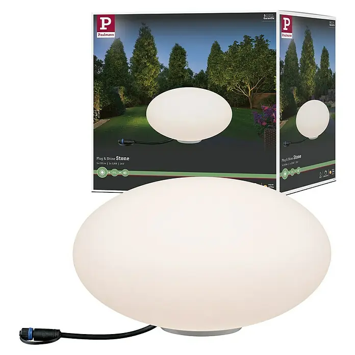 Paulmann Plug & Shine LED-Dekoleuchte Stone - 2,8 W, Weiß, L x B x H: 35 x 35 x 19,4 cm - Das Bild zeigt eine Paulmann Plug & Shine Stone Gartenleuchte, die für stimmungsvolle Beleuchtung im Außenbereich sorgt.