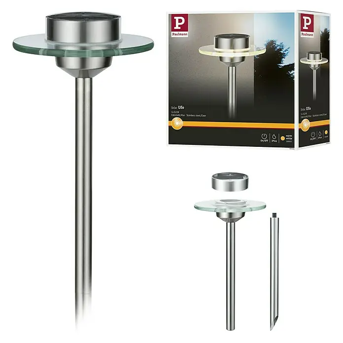 Paulmann Special Line Solarleuchte Ufo - Edelstahl, Höhe: 55 cm, LED - Abbildung einer Paulmann Solar UFO Gartenleuchte aus Edelstahl und Glas, ideal für den Außenbereich zur Dekoration.