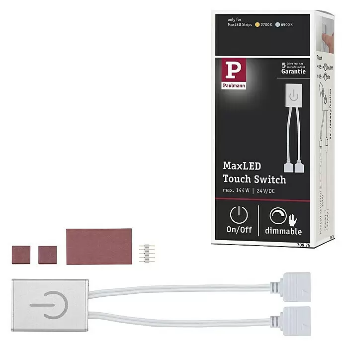 Paulmann MaxLED Controlador de intensidad y conmutación Touch Switch - Plateado, 144 W - Interruptor táctil MaxLED gris plateado con cables blancos para encender/apagar y regular tiras LED, incluye almohadillas de montaje.