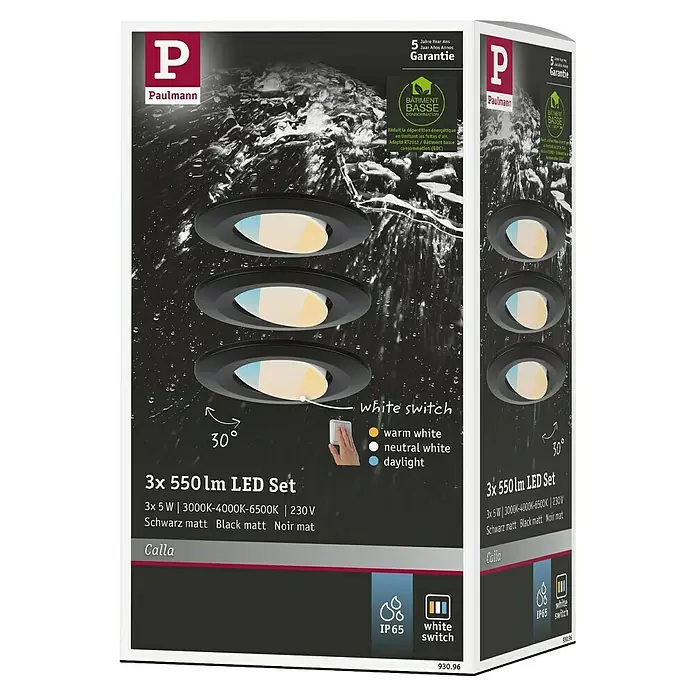 Paulmann Set de focos LED empotrables redondos Calla LED - 5,5 W, 3 ud., Temperatura de color ajustable: Escalones, Negro - Embalaje del producto del kit LED Paulmann Calla 3x 550lm, con temperatura de color ajustable y acabado negro mate para una iluminación elegante.