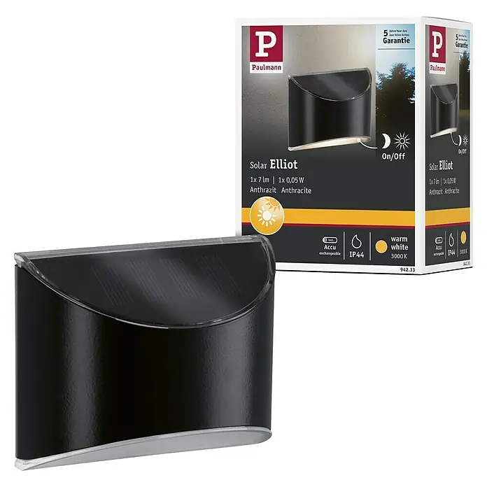 Paulmann Solar-Außenwandleuchte Elliot - 0,05 W, L x B x H: 5,3 x 10 x 8 cm, Anthrazit, IP44 - Das Bild zeigt die Paulmann Solar Elliot Außenleuchte in Anthrazit, eine stilvolle und energieeffiziente Beleuchtungslösung für den Außenbereich.