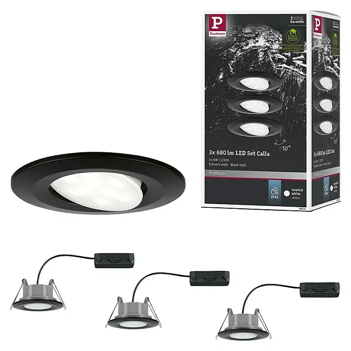 Paulmann Set de focos LED empotrables redondos Calla LED - 6 W, 3 ud., Temperatura de color ajustable: No, Negro - Imagen del producto: Juego de 3 focos empotrables LED Calla de Paulmann, negro mate, para iluminación interior ambiental.