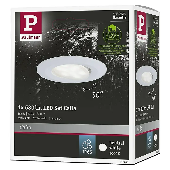Paulmann Downlight LED empotrable Calla - 6 W, Blanco, IP65 - Embalaje del producto para el conjunto de focos empotrables LED Paulmann Calla con flujo luminoso de 680lm, luz blanca neutra y protección IP65.