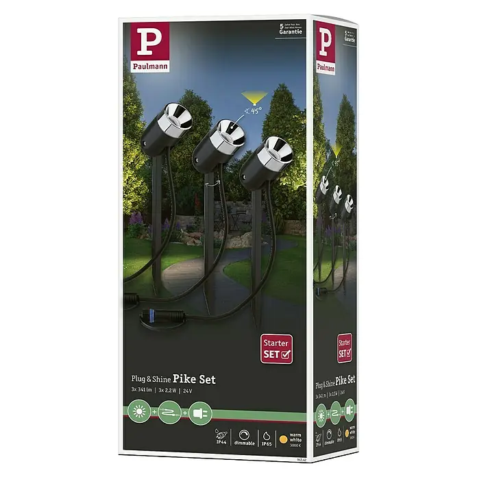 Paulmann Plug & Shine Set básico de estacas - 3,5 W, 230 V, IP65, Altura: 31 cm, 3 ud. - Paulmann Plug & Shine Pike Set: Tres focos de jardín con estaca, ideales para iluminación ambiental en exteriores, regulables y resistentes a la intemperie.