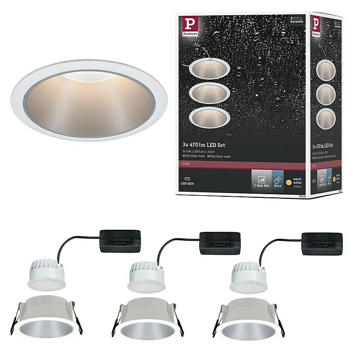 Paulmann Downlight LED empotrable Cole - 19,5 W, Blanco/Plateado, Blanco cálido, 3 ud. - Imagen del producto de un juego de 3 focos LED empotrables Paulmann, blanco/plata mate, con detalles técnicos como 470lm, 6W, 230V y atenuación de 3 pasos.