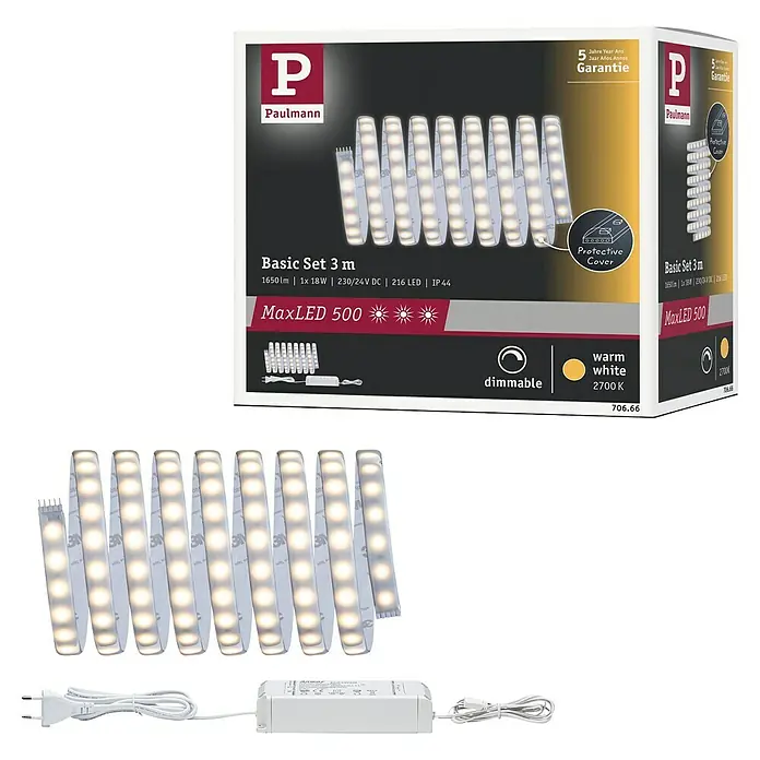 Paulmann MaxLED 500 Tira LED Basic - Largo: 3 m, Color de luz: Blanco cálido, 20 W, 1.650 lm, 24 V - 36 V - Imagen de la luz LED Paulmann MaxLED 500 Basic Set 3m, que proporciona luz blanca cálida y es regulable.