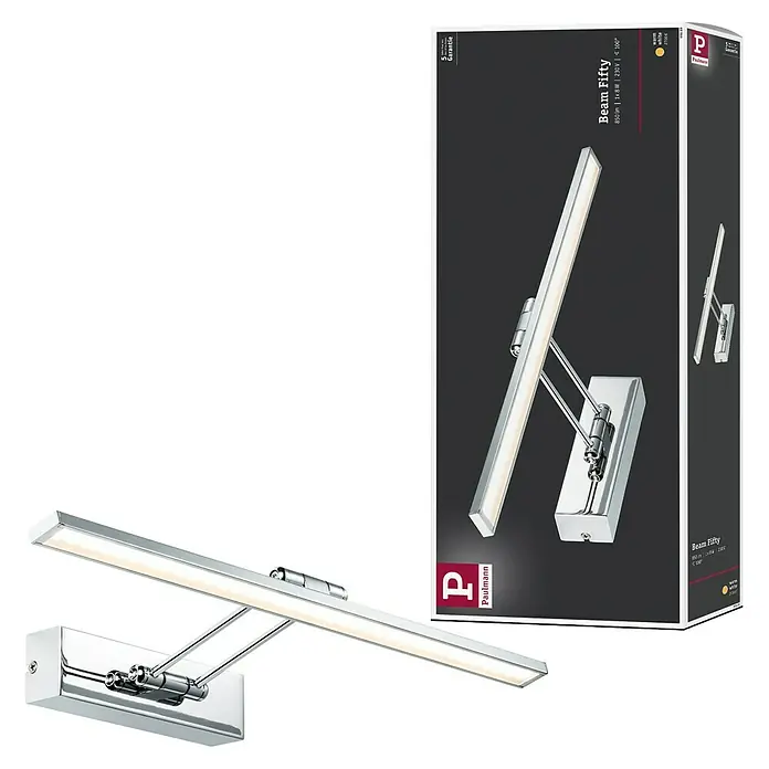 Paulmann Galeria LED-Bilderleuchte Beam Fifty - 7 W, L x B x H: 45 x 19 x 4,6 cm, Chrom, Warmweiß - Die Paulmann Beam Fifty Wandleuchte, mit Chrom-Finish, bietet warmweißes Licht (2700K) und eine 5-Jahres-Garantie für stilvolle Beleuchtung.
