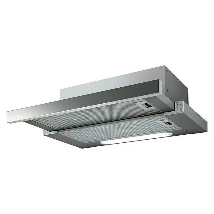 Turboair Campana extensible TT14 - Ancho: 60 cm, 304 m³/h, Acero inoxidable - Una campana extractora de acero inoxidable con panel de control lateral e iluminación integrada para la cocina.