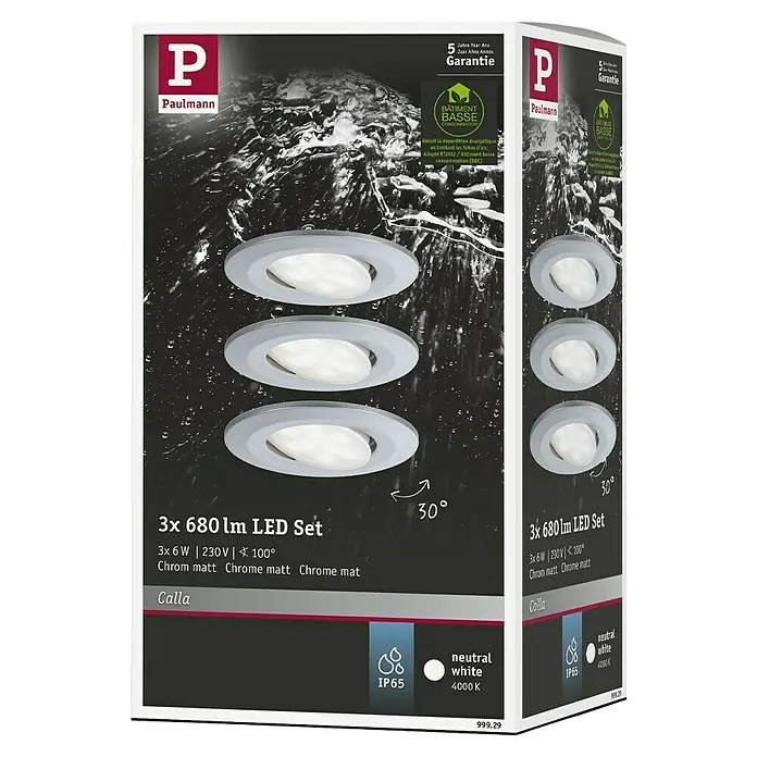 Paulmann Downlight LED empotrable Calla - 18 W, Cromo, IP65, 3 ud. - Conjunto de focos empotrables LED Paulmann Callas, 3 unidades, cromo mate, con luz blanca neutra para iluminación ambiental.