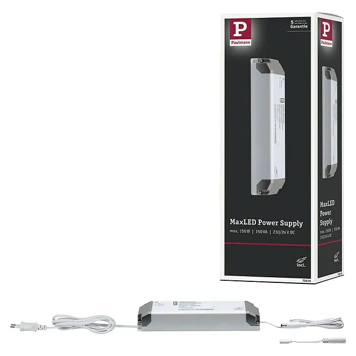 Paulmann MaxLED Alimentación de corriente MaxLED - An x Al: 210 x 34 mm, Blanco - Imagen del producto Paulmann MaxLED Power Supply (máx. 150W, 150VA, 230/24 V CC) con embalaje, diseñado para sistemas de iluminación LED.