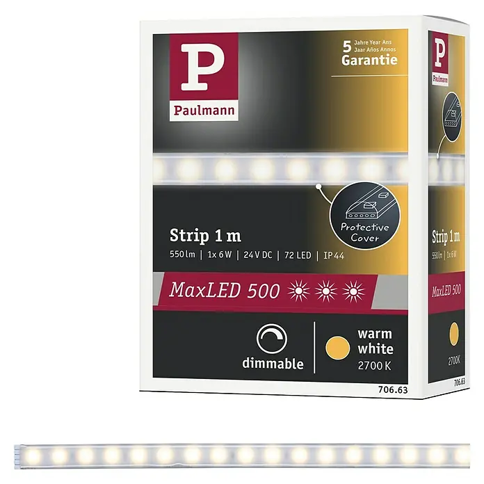 Paulmann MaxLED 500 Tira LED - Largo: 1 m, Color de luz: Blanco cálido, 7 W, 550 lm, Recubierto - Imagen del producto: Paulmann MaxLED 500 Strip 1m, tira LED blanca cálida y regulable para iluminación interior.