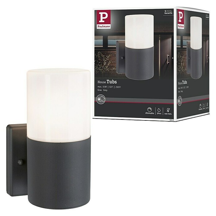 Paulmann Aplique exterior Tubs (15 W, Gris, E27, IP44, Sin detector de movimiento) | BAUHAUS
