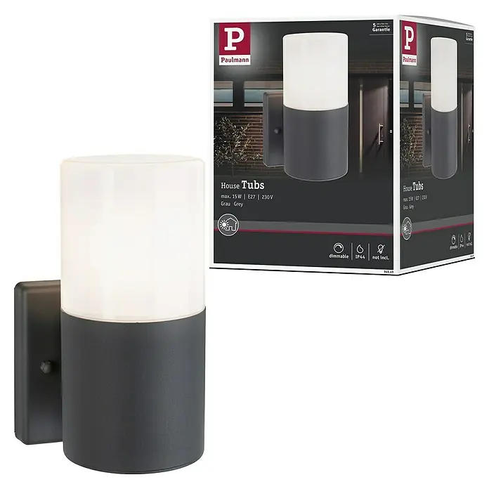 Paulmann Aplique exterior Tubs - 15 W, Gris, E27, IP44, Sin detector de movimiento - Imagen de una lámpara de exterior gris Paulmann House Tubs. La luz es regulable y tiene protección IP44.