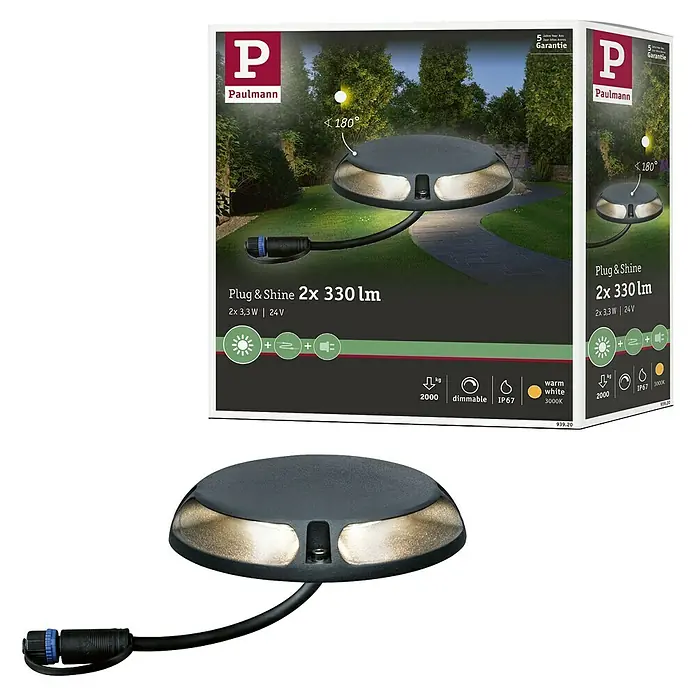 Paulmann Plug & Shine LED-Außenleuchte - 6 W, Warmweiß, IP67, Ø x H: 16 x 3,2 cm - Produktansicht des Paulmann Plug & Shine 2x 330 lm Außenstrahlers, der durch sein warmweißes Licht und die Dimmfunktion überzeugt.