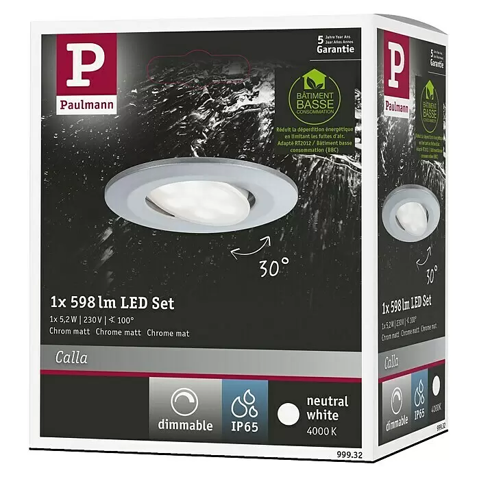 Paulmann Downlight LED empotrable Calla - Blanco neutro, 1 ud., IP65, Diámetro: 90 mm, Cromo - Foco LED empotrable cromado mate con inclinación ajustable de 30°, regulable y IP65 para luz blanca neutra 4000K.