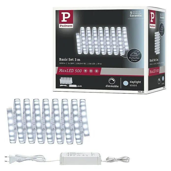 Paulmann MaxLED 500 Tira LED Basic - Largo: 3 m, Color de luz: Blanco diurno, 17 W, 1.650 lm, 24 V - 36 V - Imagen del producto: Paulmann MaxLED 500 Basic Set 3 m con función regulable y luz diurna (6500 K) para iluminación flexible.