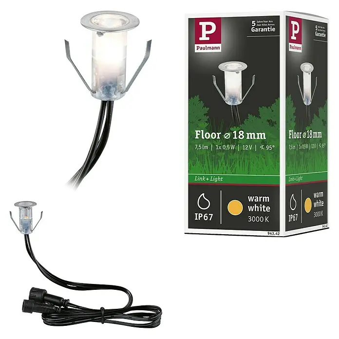 Paulmann Link & Light Bodeneinbauleuchte - 0,3 W, Silber - Das Paulmann Floor Ø 18 mm LED-Bodeneinbaustrahler-Set für den Außenbereich, warmweiß, mit 5 Jahren Garantie.