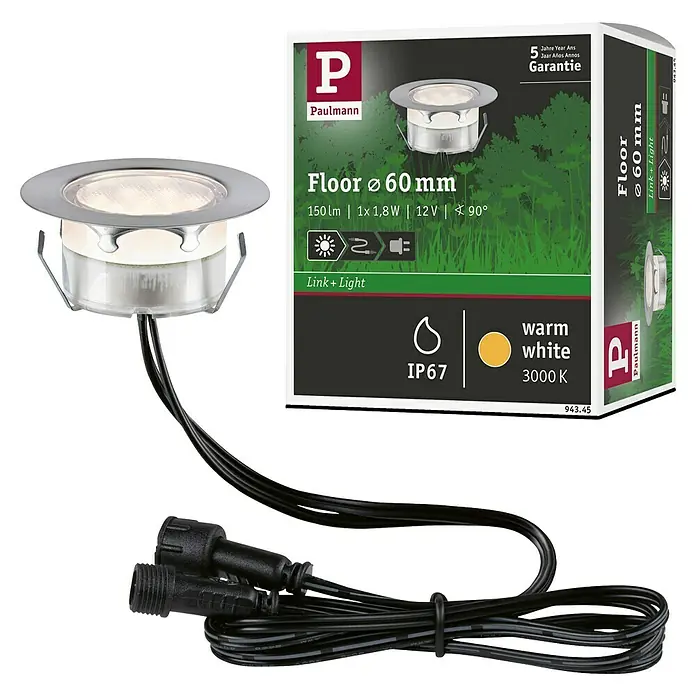 Paulmann Link & Light Bodeneinbauleuchte - 1,5 W, Silber - Ein Paulmann Floor Ø 60 mm Bodeneinbaustrahler mit warmweißem Licht (3000 K) und zugehörigem Anschlusskabel, ideal für den Außenbereich.