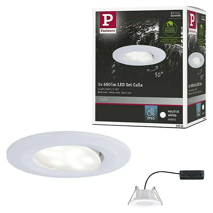 Paulmann Downlight LED empotrable Calla - 6 W, Blanco, IP65 - Imagen del producto de un conjunto de focos empotrables LED Paulmann 1x680lm Calla, ideal para interiores modernos. Diseño blanco mate para iluminación elegante.