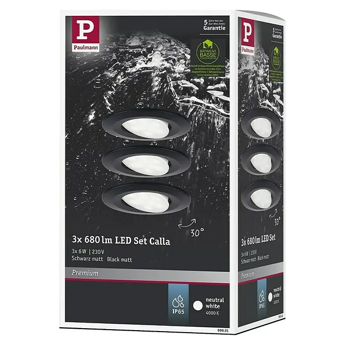 Paulmann Set de focos LED empotrables redondos Calla LED - 6 W, 3 ud., Temperatura de color ajustable: No, Negro - Imagen del Paulmann 3x 680 lm LED Set Calla en negro mate, protección IP65, ideal para iluminar zonas húmedas con luz blanca neutra (4000 K).