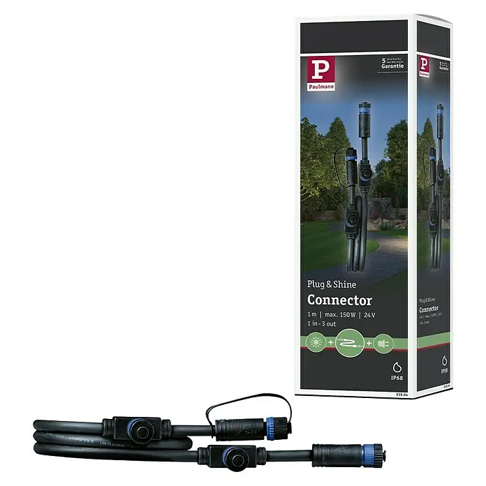 Paulmann Plug & Shine Verbindungskabel - 1 m, 3 Anschlüsse, IP68 - Produktbild des Paulmann Plug & Shine Connector, 1 m Länge, max. 150W, 24V, 1 Eingang - 3 Ausgänge, ideal für den Außenbereich dank IP68 Schutz.