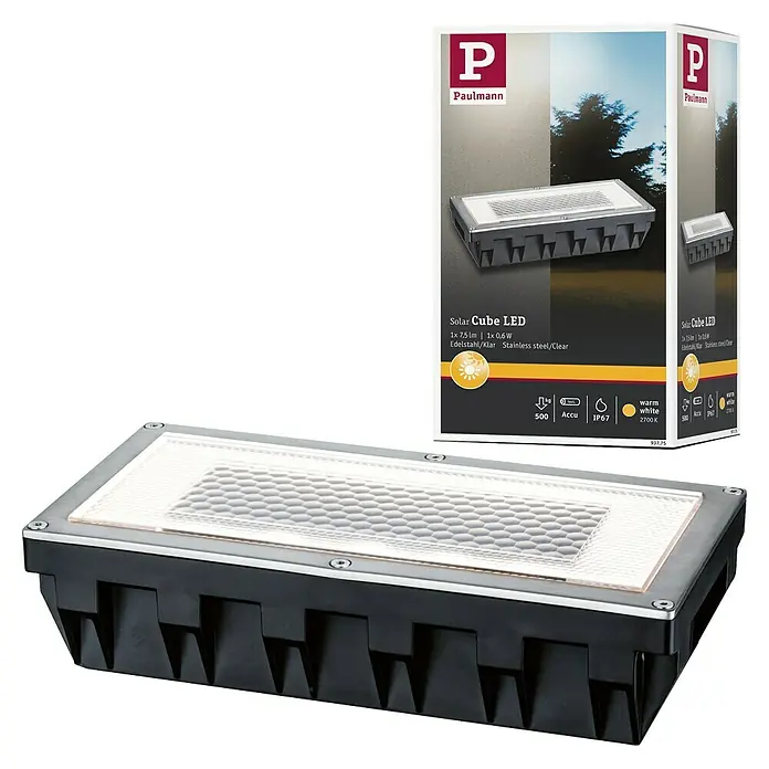 Paulmann Baliza exterior LED Box - Blanco cálido, L x An x Al: 20 x 10 x 5,1 cm - Imagen del producto de una lámpara LED Paulmann Solar Cube de acero inoxidable con un diseño claro, ideal para uso en exteriores.