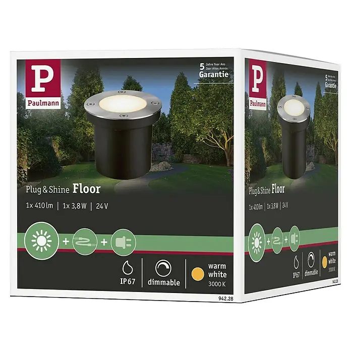 Paulmann Plug & Shine Foco para empotrar en suelo - 3,6 W, Blanco cálido, IP65, Redonda - Embalaje del producto para Paulmann Plug & Shine Floor, una luz de suelo regulable, blanca cálida, con protección IP67.