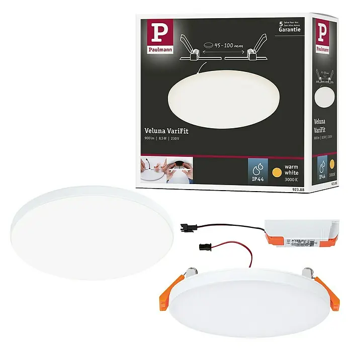 Paulmann Panel LED redondo Veluna - 8,5 W, Ø x Al: 12,5 x 3,1 cm, Satin, Blanco cálido, No regulable - Imagen del downlight LED empotrable Paulmann Veluna VariFit, 8,5W, 900lm, blanco cálido, con embalaje y accesorios.