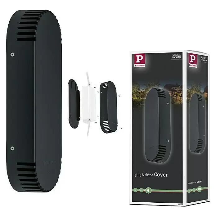 Paulmann Plug & Shine Abdeckung - Kunststoff, Grau, L x B x H: 8,9 x 26 x 4,5 cm - Dunkelgraue ovale Paulmann Außenleuchtenabdeckung mit Lamellen, montiert, zerlegt und verpackt dargestellt.