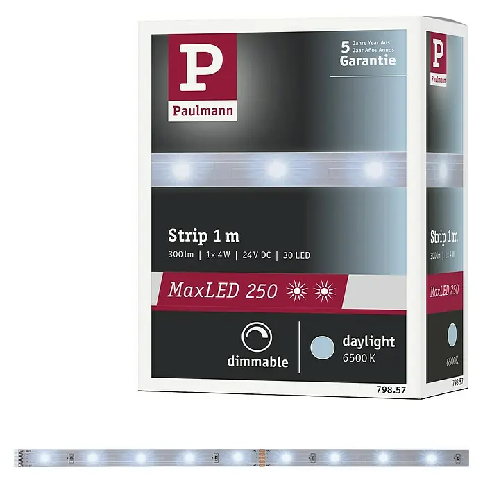 Paulmann MaxLED 250 Tira LED - Largo: 1 m, Color de luz: Blanco diurno, 4 W, 300 lm, IP20 - Embalaje de una tira LED Paulmann MaxLED 250, 1m con 30 LEDs, regulable, luz diurna 6500K, 5 años de garantía.