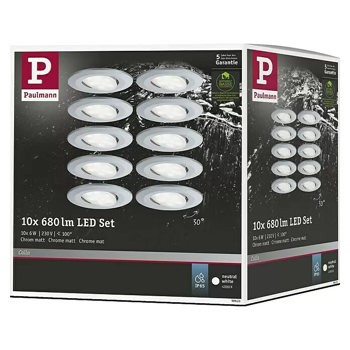 Paulmann Set de focos LED empotrables Calla - 6 W, Ø x Al: 9 cm x 5 mm, Cromo, Blanco neutro - Set de 10 focos empotrables LED Paulmann Calla cromo mate (6W, 4000K, IP65, inclinables 30°) en su embalaje.