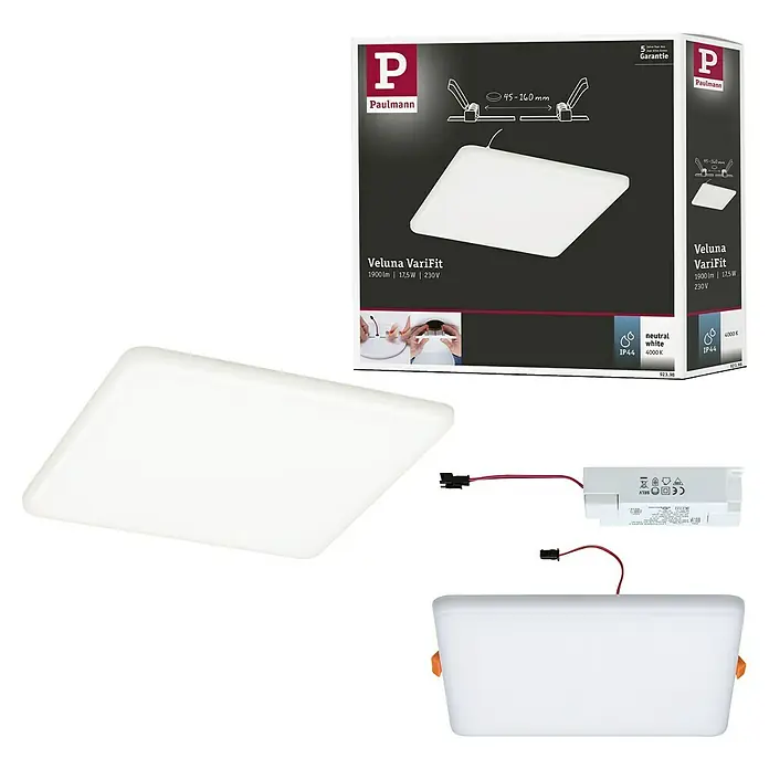 Paulmann Panel LED Veluna - 17,5 W, L x An x Al: 18,5 x 18,5 x 3,1 cm, Satin, Blanco neutro, 4.000 K - Imagen del producto del foco empotrable LED Paulmann Veluna VariFit, con un diseño cuadrado, embalaje y accesorios.