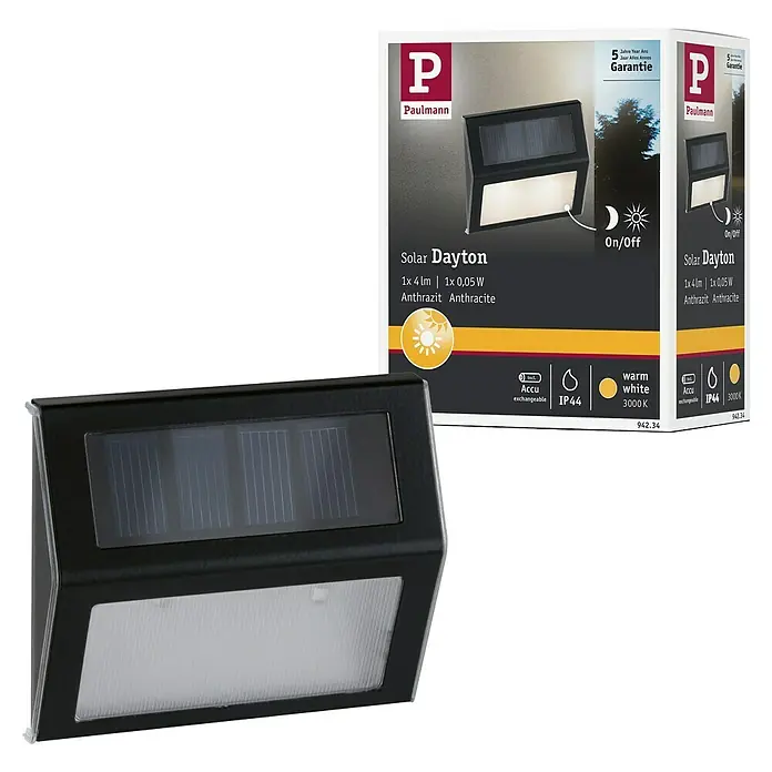 Paulmann Solar-Außenwandleuchte Dayton - 0,05 W, Schwarz, IP44 - Bild einer Paulmann Solar Dayton-Leuchte in Anthrazit, ideal für den Außenbereich. Die Verpackung ist auch sichtbar.