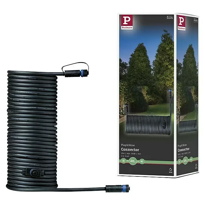 Paulmann Plug & Shine Verbindungskabel - 10 m, 2 Anschlüsse, IP68 - Ein schwarzes, gerolltes 10m Gartenschlusskabel mit 1-auf-2-Verteiler und wetterfesten Steckverbindern, neben der Produktverpackung.