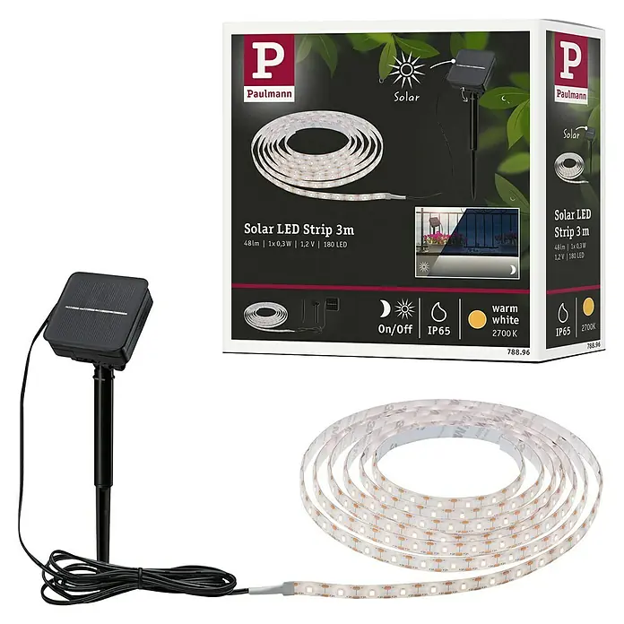 Paulmann Tira LED solar de exterior - Largo: 300 cm, Color de luz: Blanco cálido, 220 V - 240 V - Imagen de una tira LED solar Paulmann de 3m, con panel solar y embalaje, ideal para iluminación exterior ambiental.