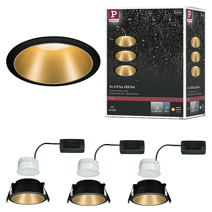 Paulmann Downlight LED empotrable Cole - 19,5 W, Negro/Dorado, Blanco cálido, 3 ud. - Imagen del producto del set LED Paulmann 3x 470 lm en negro/oro mate, incluyendo el embalaje y los componentes de luz individuales.