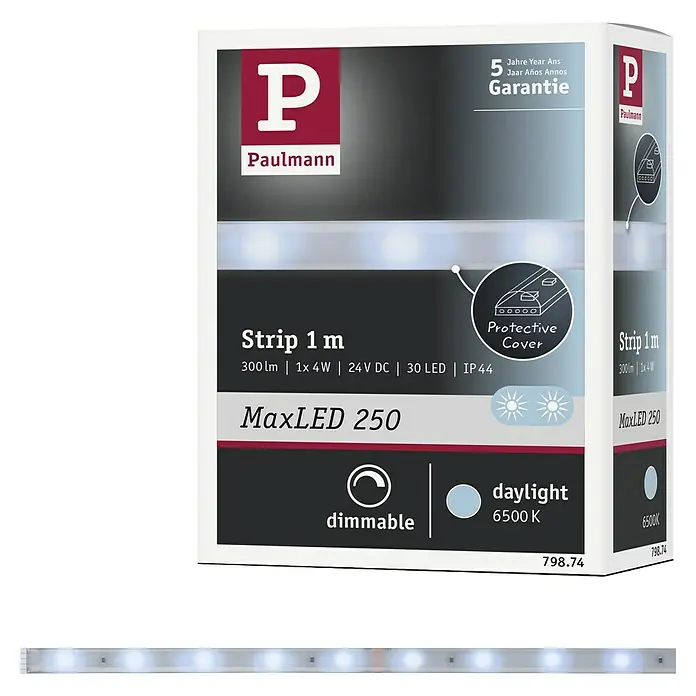 Paulmann MaxLED 250 Tira LED - L x Al: 1 m x 3 mm, Plateado - Embalaje del producto de una tira LED Paulmann MaxLED 250 regulable, de 1 metro de longitud, 300 lúmenes de luz y cubierta protectora.