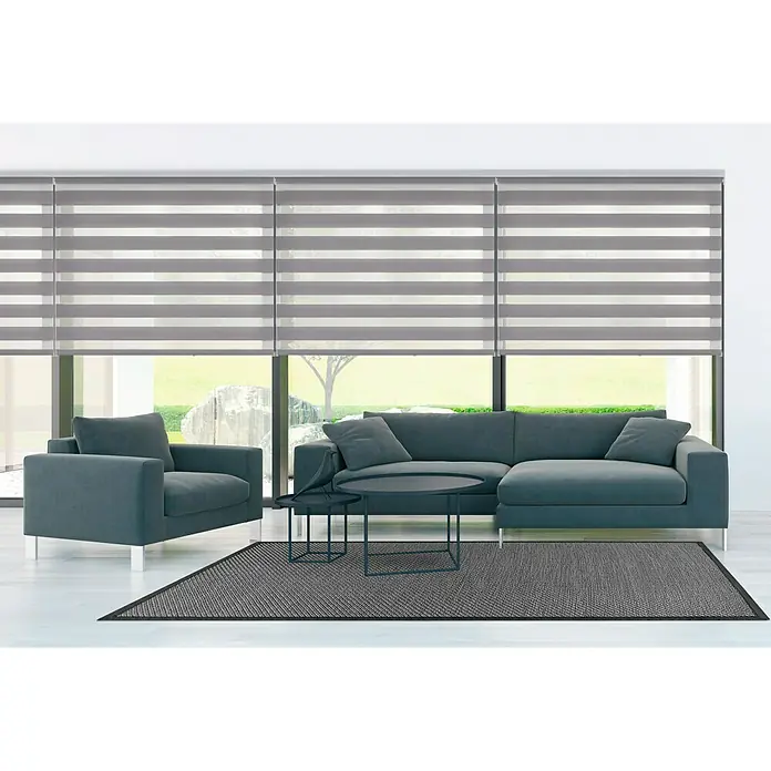 Estor noche y día Duolux - An x Al: 100 x 250 cm, Plateado - Elegante conjunto de sala de estar con sofá, sillón, mesa de centro y alfombra con estilo. El diseño moderno se completa con estores.