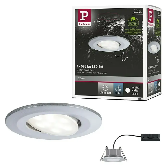 Paulmann Downlight LED empotrable Calla - Blanco neutro, 1 ud., IP65, Diámetro: 90 mm, Cromo - Set empotrable LED Paulmann Calla: cromo mate, regulable, blanco neutro (4000 K). Iluminación eficiente energéticamente.