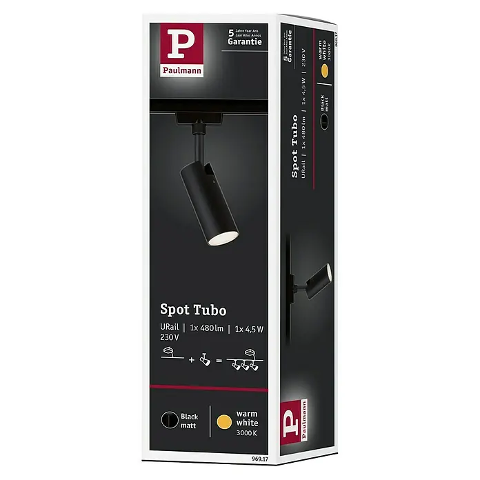 Paulmann URail LED-Spot Tubo - 4,5 W, L x B x H: 10,5 x 4,2 x 18,6 cm, Schwarz, Warmweiß - Produktverpackung für einen schwarzen Paulmann URail Spot Tubo, warmweißes Licht, mit Garantiehinweis und technischen Details.