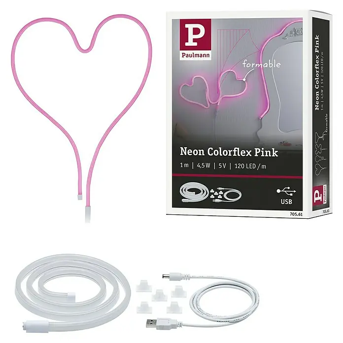 Paulmann Tira LED LED Neon Colorflex USB - Largo: 1 m, Color de luz: Otros, 4,5 W - Luminaria Neon Colorflex Pink de Paulmann, moldeable, 1 m de largo, 4,5 W de potencia, 5 V de tensión, 120 LED/m, con conector USB.