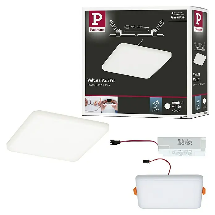 Paulmann Panel LED Veluna - 8,5 W, L x An x Al: 12,5 x 12,5 x 3,1 cm, Satin, Blanco neutro, 4.000 K - Vista del producto: Downlight LED Paulmann Veluna VariFit, blanco neutro, 1050 lúmenes, 8,5 vatios, 230 voltios, ideal para instalación en techo.