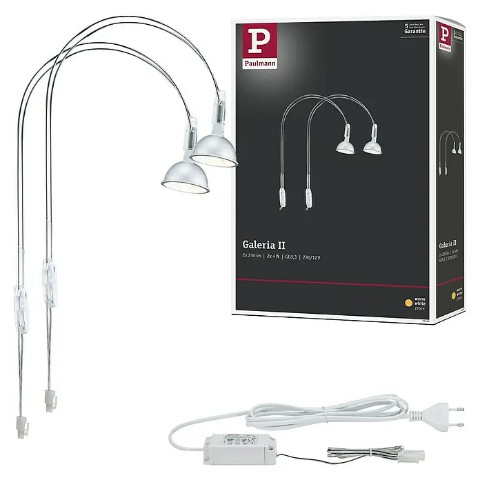 Paulmann Galeria LED-Spiegelleuchte II - 4 W, L x B x H: 18 x 2,5 x 30 cm, Chrom, Warmweiß - Produktabbildung der Paulmann Galeria II Lampe mit zwei Leuchtenköpfen und Zubehör, ideal für stimmungsvolle Beleuchtung.