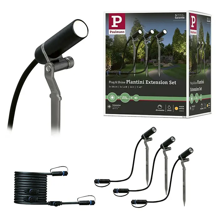 Paulmann Plug & Shine LED-Gartenspot-Set Plantini Erweiterung - 2 W, IP44 Schutzkontakt-Stecker, IP44 - Abbildung eines Paulmann Plug & Shine Plantini Erweiterungssets für den Garten, das stimmungsvolle Beleuchtung bietet.