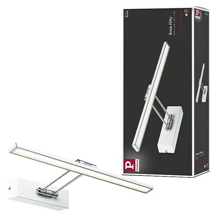 Paulmann Galeria LED-Bilderleuchte Beam Fifty - 7 W, L x B x H: 45 x 19 x 4,6 cm, Weiß, Warmweiß - Weiße LED-Wandleuchte mit verstellbaren Chromarmen und linearer Lichtquelle, daneben die dunkelgraue Verpackung.